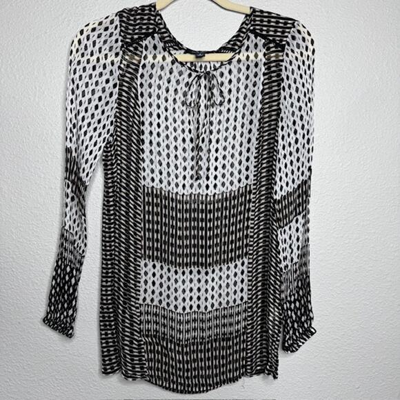 Lucky Brand Bohemian Chiffon Tie Top Geometric Design Blouse Small - Picture 2 of 14
